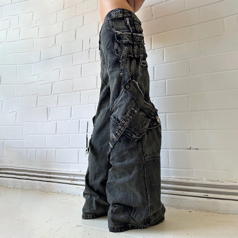 No Faith Studios Men's Solid Color Zipper Logo Embroidered Washed Jeans Loose Fit Work Pants Ngvp #7771