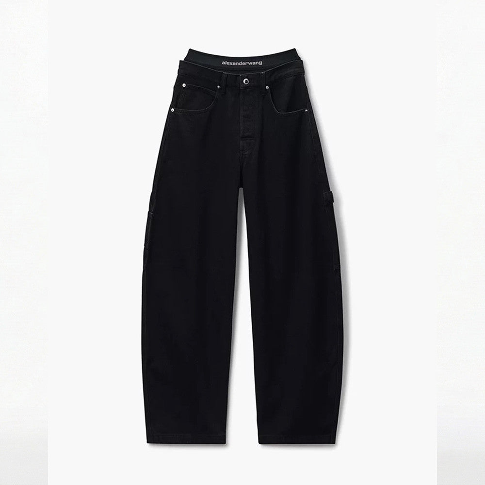 Women's Faux two-piece design Double-layered waistband Curved cut details Workwear-style denim pants #82533A