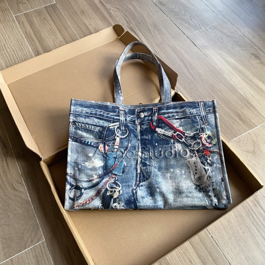 Acne Studios Women's Fashion Retro Color-Block Logo Denim Patchwork Print Tote Bag Shoulder Bag Bags #78793