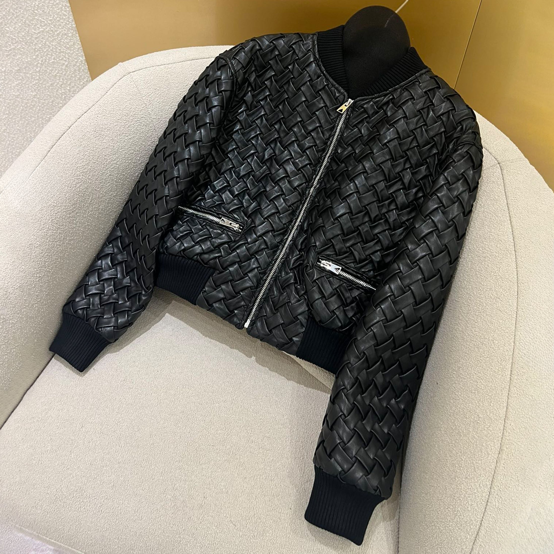 Women's Autumn And Winter Deluxe Solid Color Lapel Flight Suit Leather Button Woven Sheepskin Coat Jacket Ngvp #9136