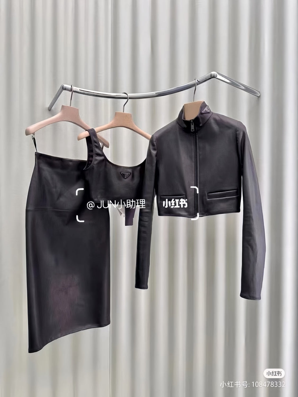 Women's Spring and Summer Black Triangle Label Logo Zipper Leather Jacket Vest Half-body Skirt Three Piece Set Suit #98553