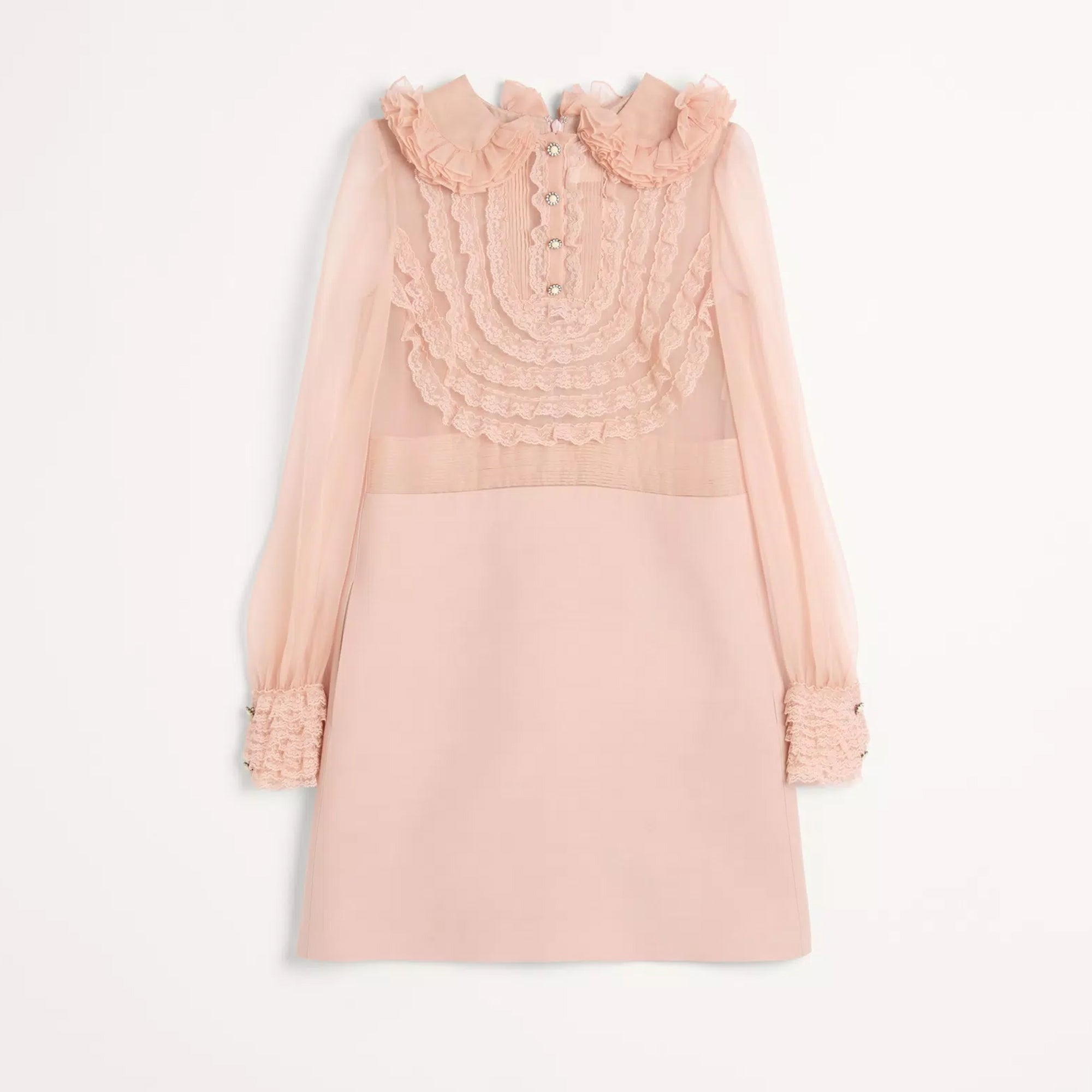 Women's Spring And Summer Embroidered Crepe Couture Round Neck Solid Color Lace A-Line Short Long-Sleeved Silk Dresses Ngvp #9815