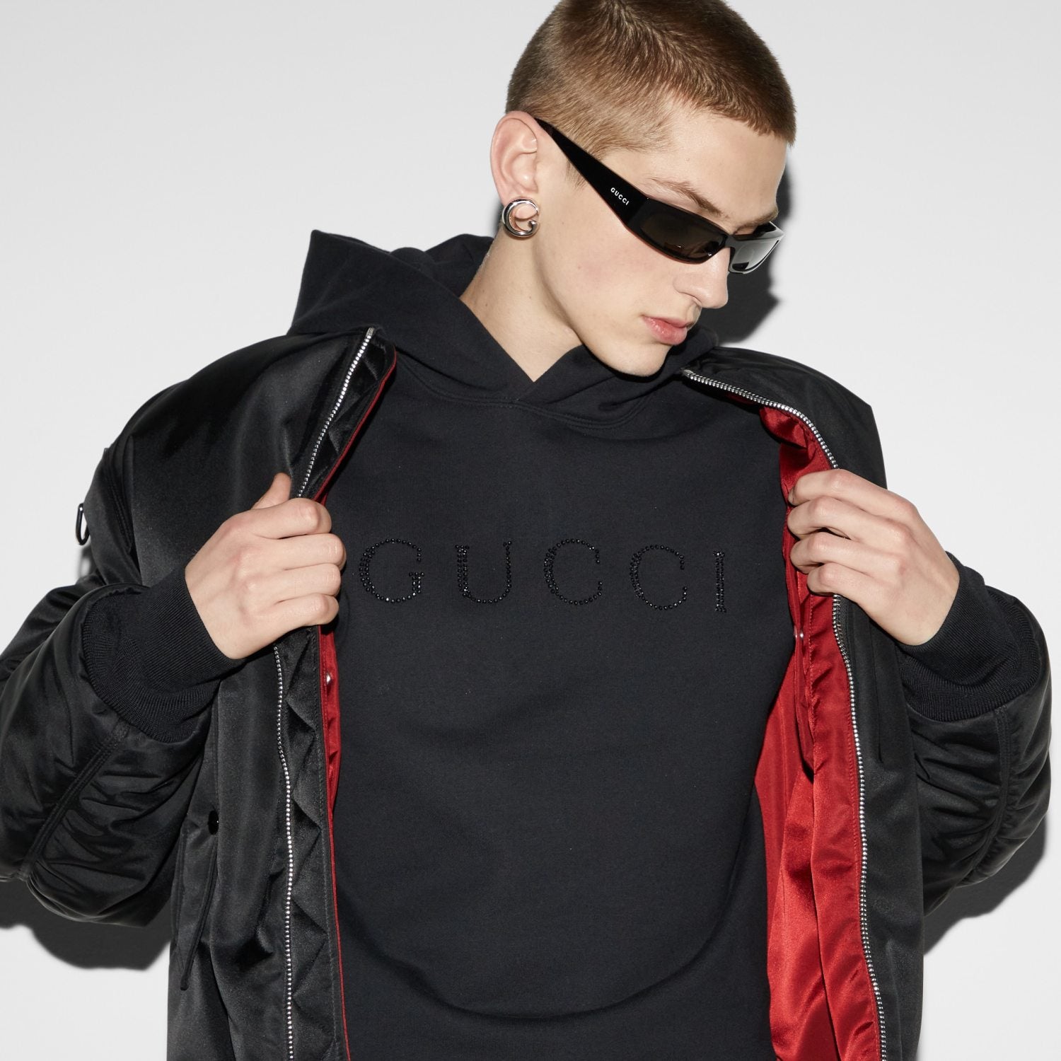 Men's Fall Knitted Cotton Hooded Sweatshirt Crystal Embroidery Black Fashion Casual Pullover Hoodie  #71487