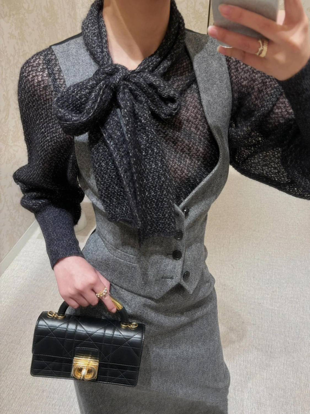 DiorWomen's Fall Mohair. Alpaca and Silk Blend Stretch Knit Top Black Bow Neck Fitted Long Sleeve Sweater Ngvp #9331