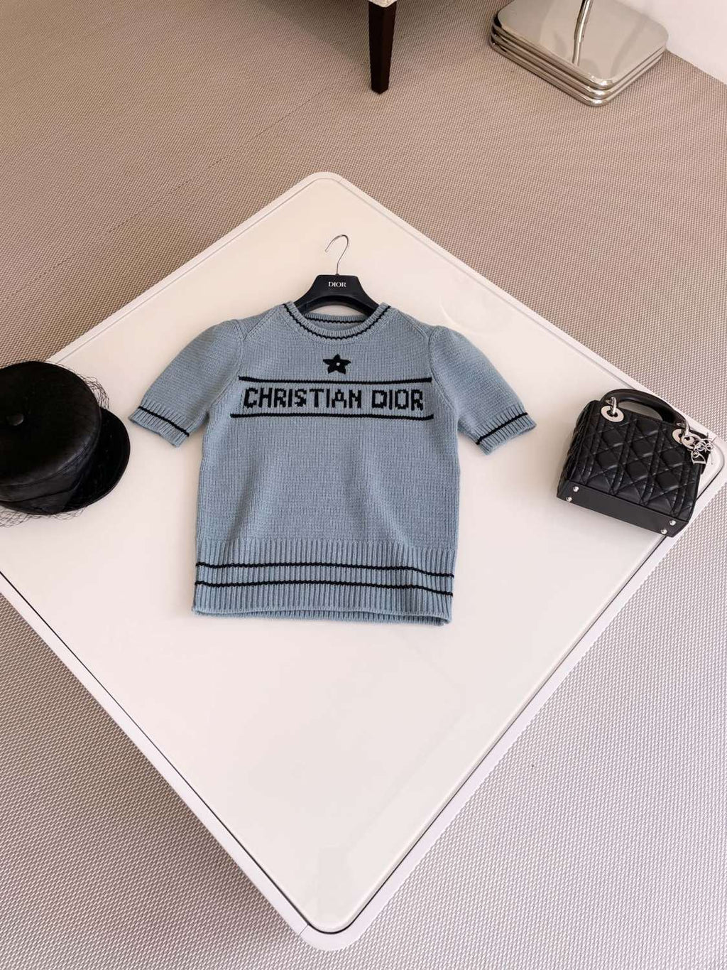 Women's Summer White Logo Round Neck Cashmere Knit Short Sleeve T-Shirt #74553