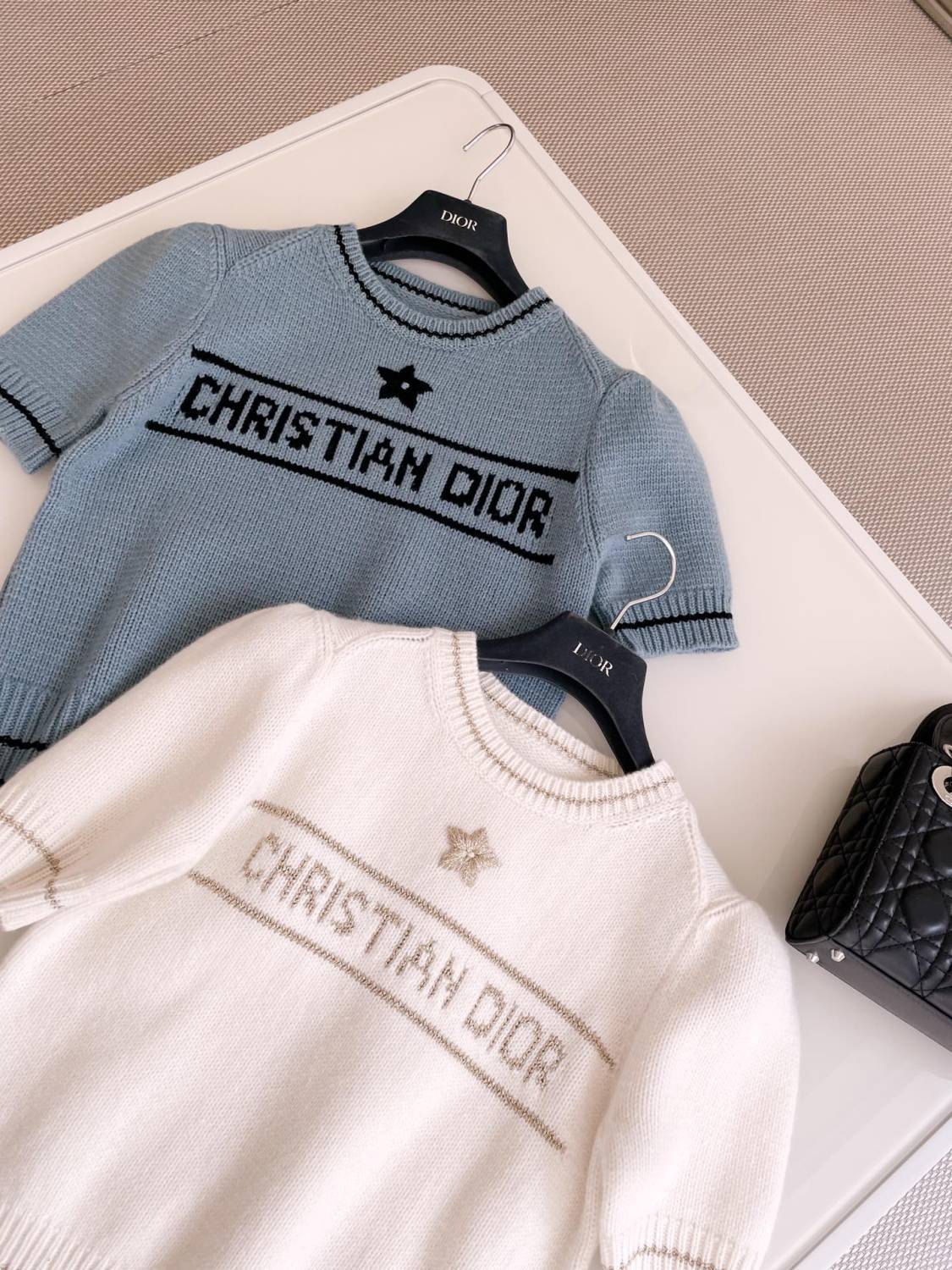 Women's Summer White Logo Round Neck Cashmere Knit Short Sleeve T-Shirt #74553