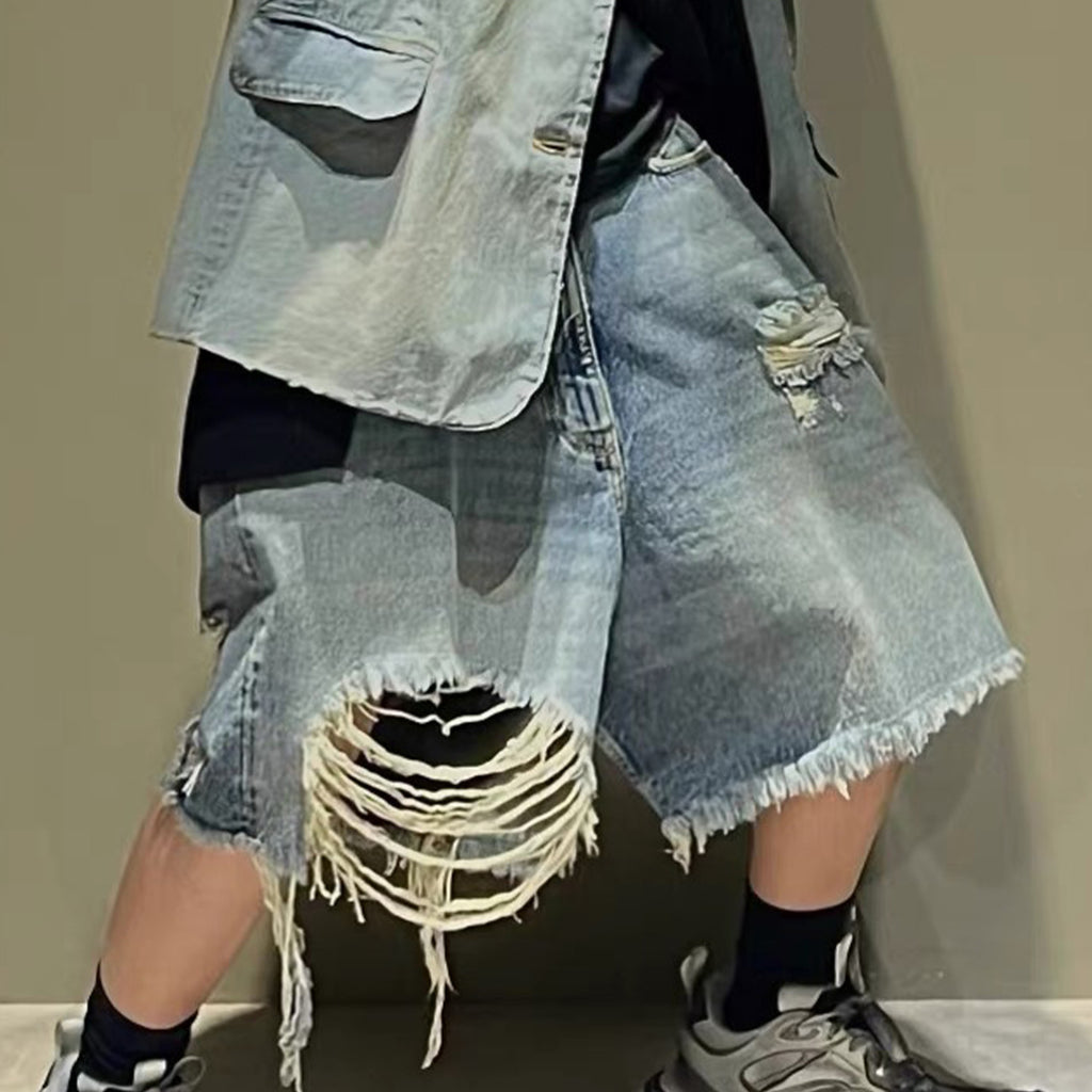 Men's Women's Summer Solid Color Destruction Doing Old Loose Casual Shorts Ngvp #8282