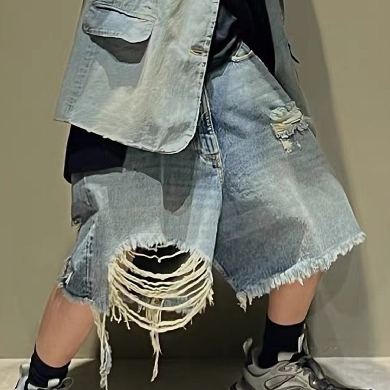 Men's Women's Summer Solid Color Destruction Doing Old Loose Casual Shorts Ngvp #8282