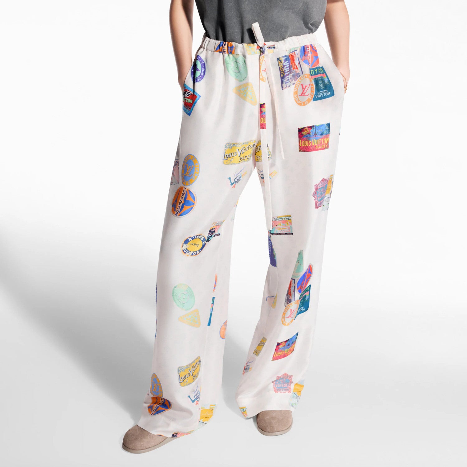 Women's Summer Solid Colour Badge Print Drawstring Straight Leg Casual Trousers Pants #76989