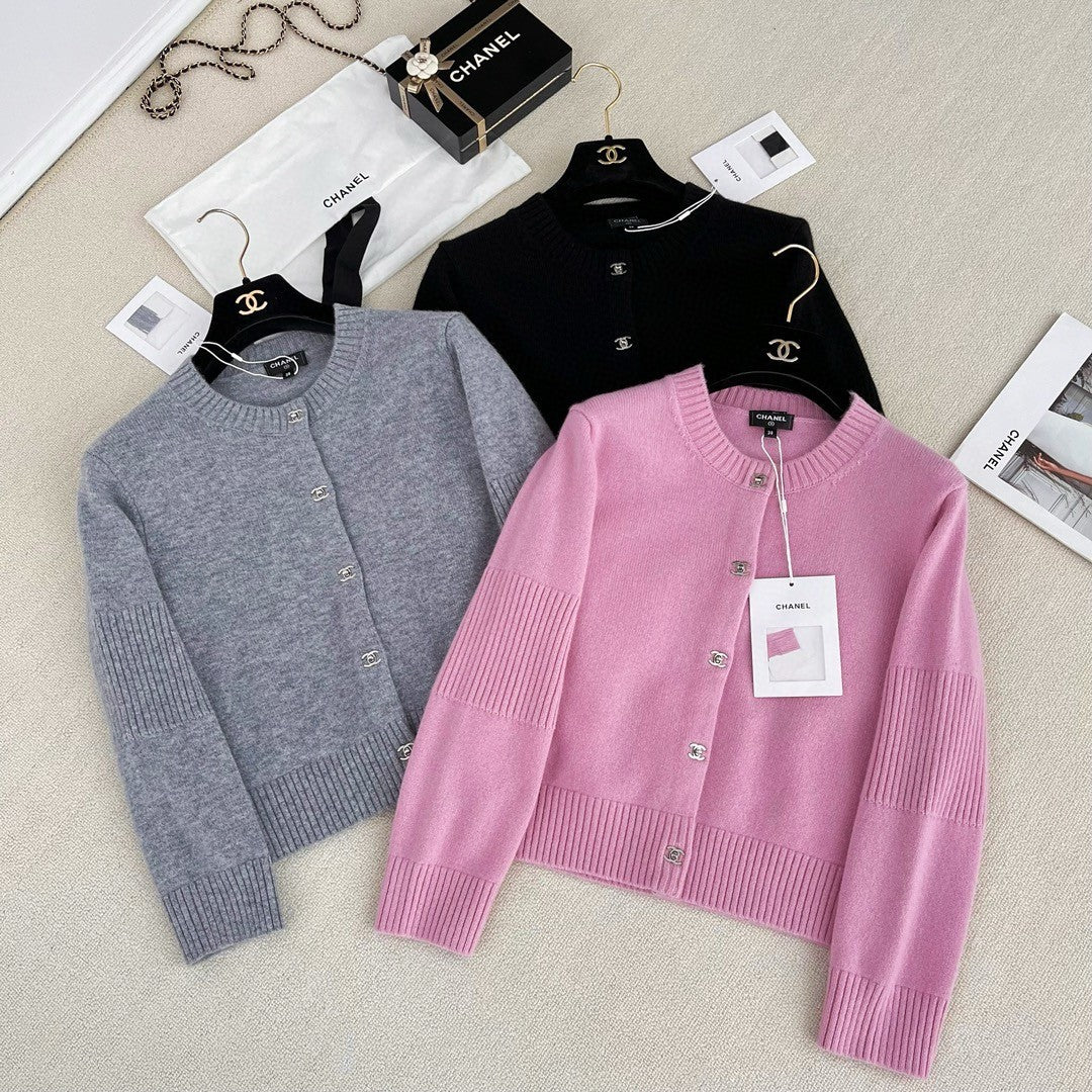 Women's Spring And Autumn Solid Color Round Neck Single Breasted Long Sleeved Knit Sweater Jacket #73426