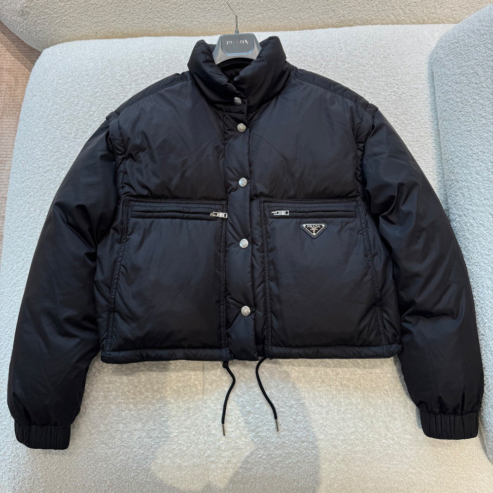 Puffer Jacket Black Women's recycled nylon fabric Triangular logo Detachable sleeves Down jacket Insulated vest  #194193