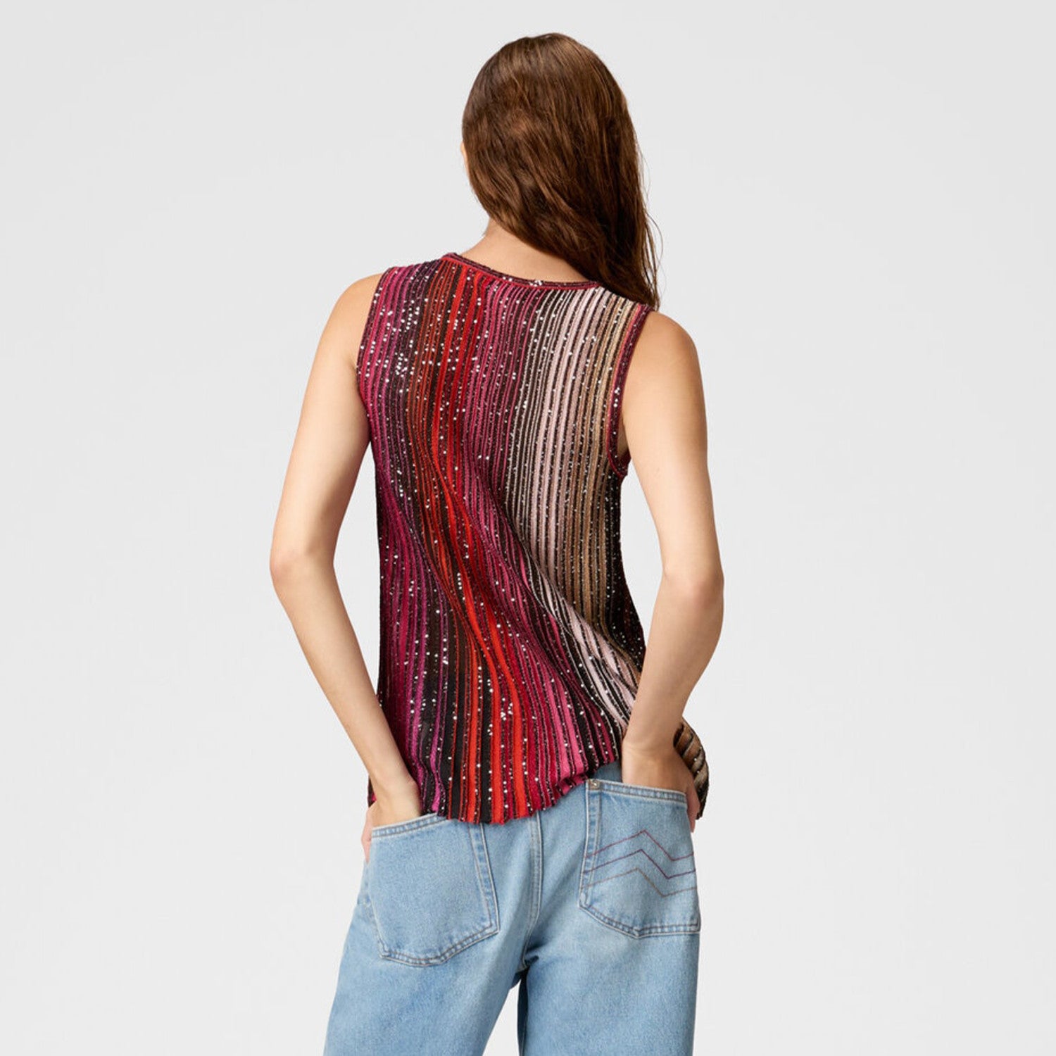 Missoni Women's Spring And Summer Fashion Elegant Colorful Striped Golden Silk Knit Clashing Sleeveless Vest T-shirt Casual Pants Set Suit Ngvp #1758