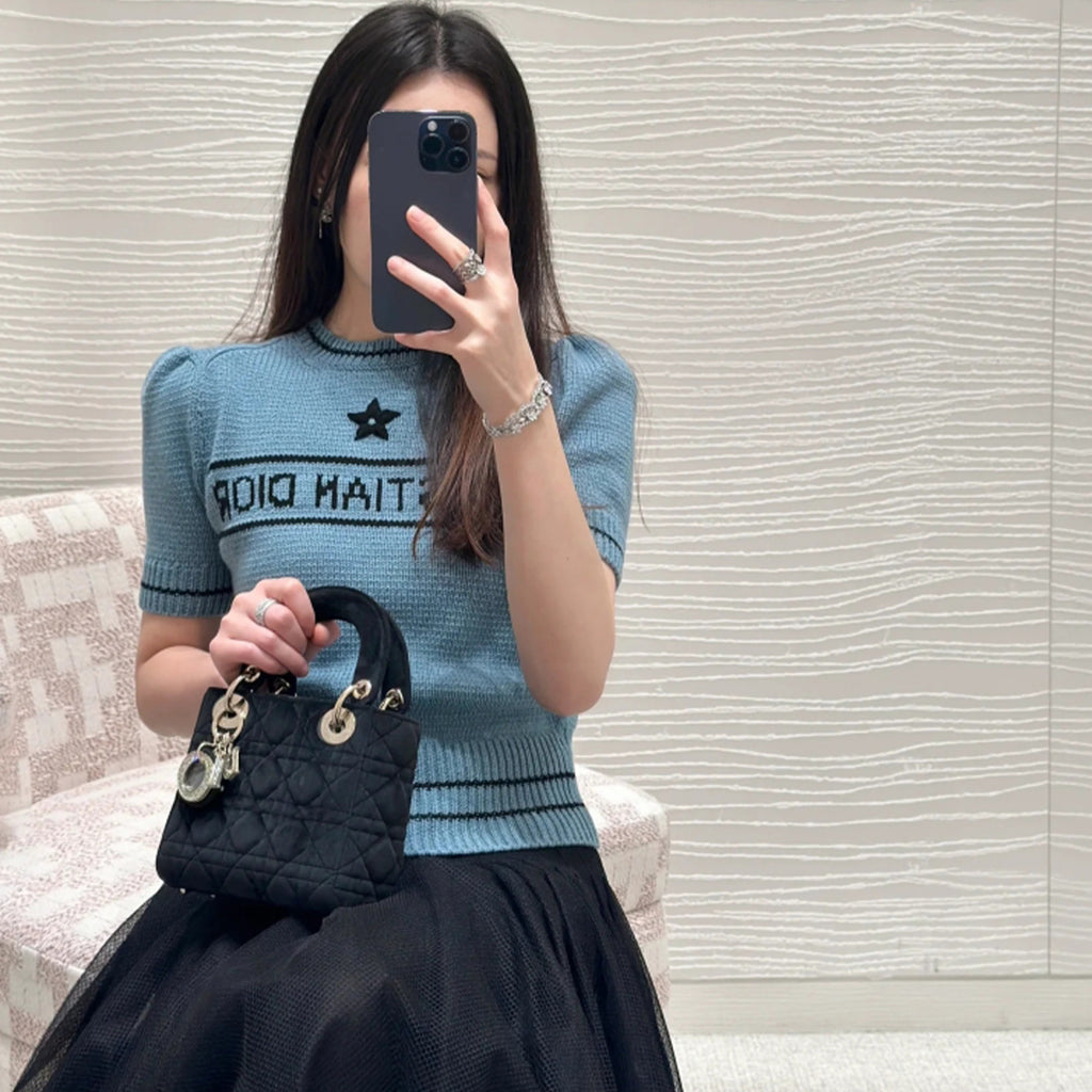 Women's Wool Blend Knit Short Sleeve Top Round Neck Fashion Temperament Short T-Shirt Knitwear #81137