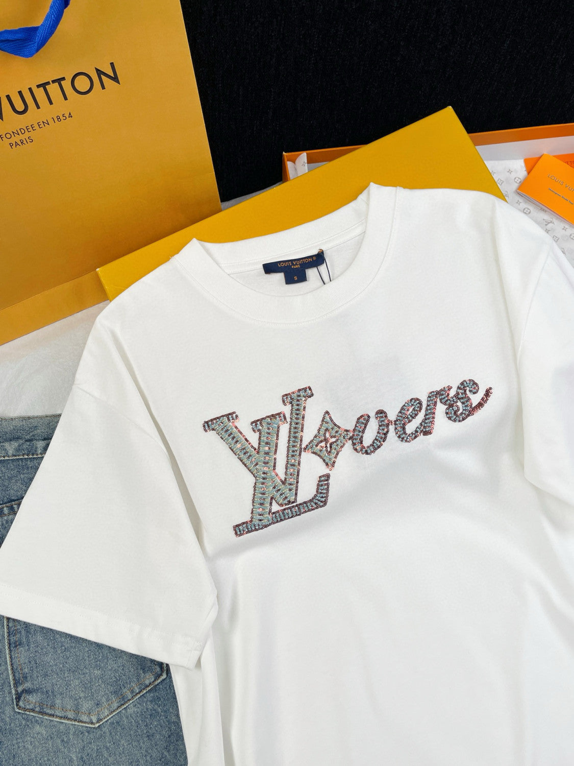 Men's Summer Logo Beaded Embroidery White Cotton Round Neck Short Sleeve T-Shirt #98378