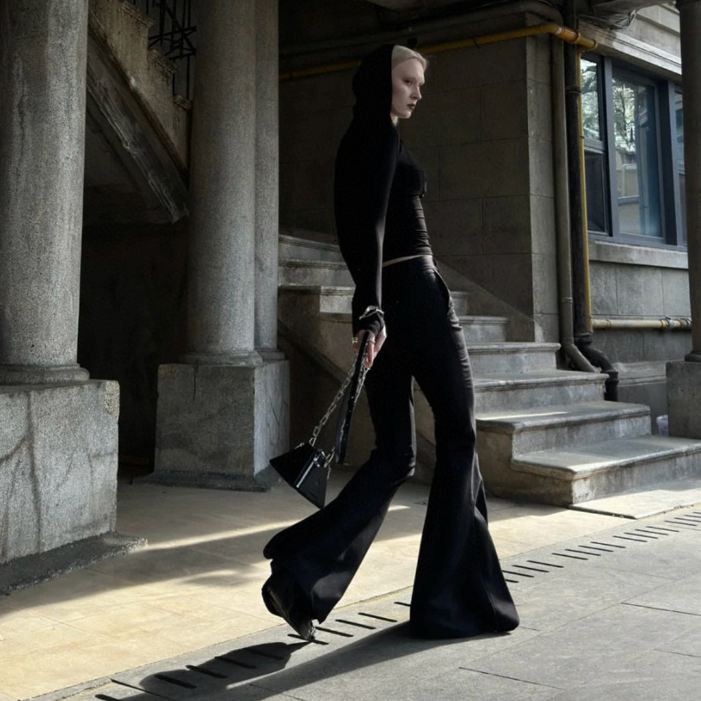 Women's Spring Summer Black Flared Trousers Fashion High Street Trend Casual Suit Pants Ngvp #1937