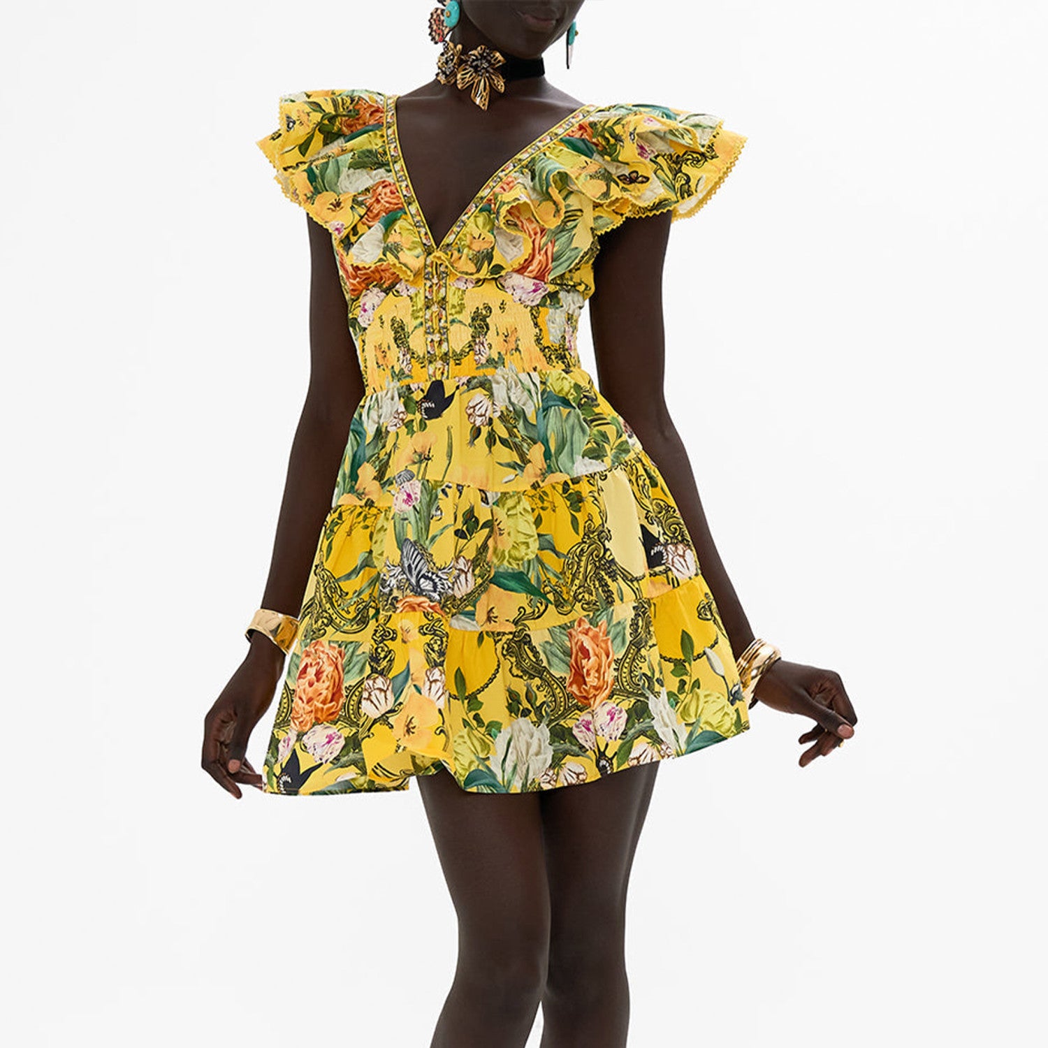 Camilla Women's Summer Printed V-neck Rhinestone Embellished Cotton Ruffle Waisted Mini Dresses Ngvp #8918