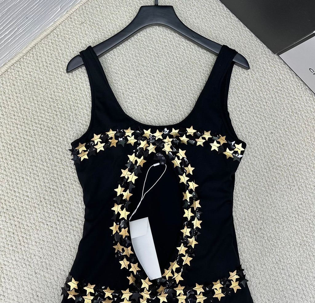 Women's Summer Gold Star Hollow Decoration Black One-piece Swimsuit #72391