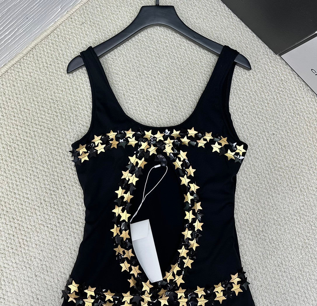 Women's Summer Gold Star Hollow Decoration Black One-piece Swimsuit #72391