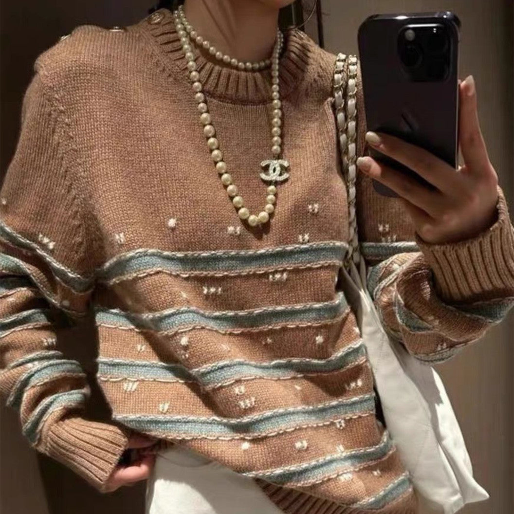 Women's Spring And Autumn Striped Fashion Long Sleeve Solid Color Round Neck Sweater #71745