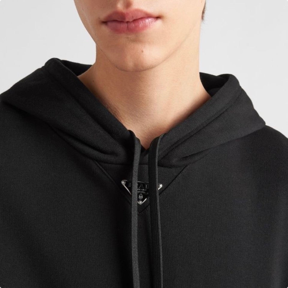 Men's Spring and Fall Triangle Metal Label Black Cotton Hooded Drawstring Loose Sweatshirt Pullover #72668