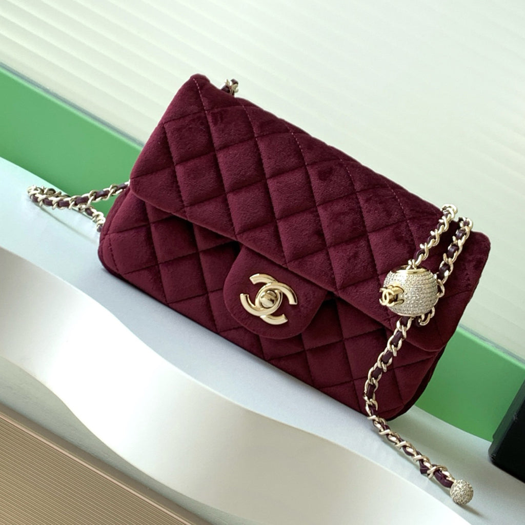 25a Diamond Ball CF Velvet Clutch Women's Fashionable Exquisite Mini Crossbody Chain-Strap Flap Bag #193617