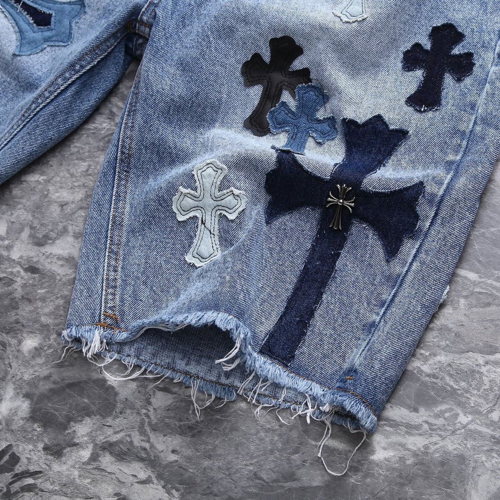Men's Summer Cross Embroidered Straight Casual Solid Color Washed Denim Shorts #72326