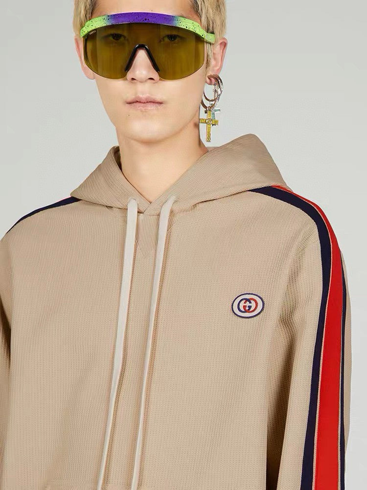 Men's Summer Striped Logo Print Hooded Sweatshirt Pullover Tie High Waisted Shorts Set Suit #98813