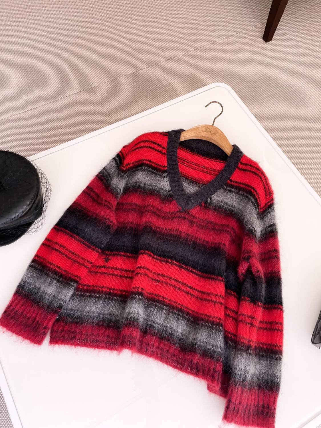 Women's Spring and Autumn Black and Red Color Block Mohair Striped Sweater #74583