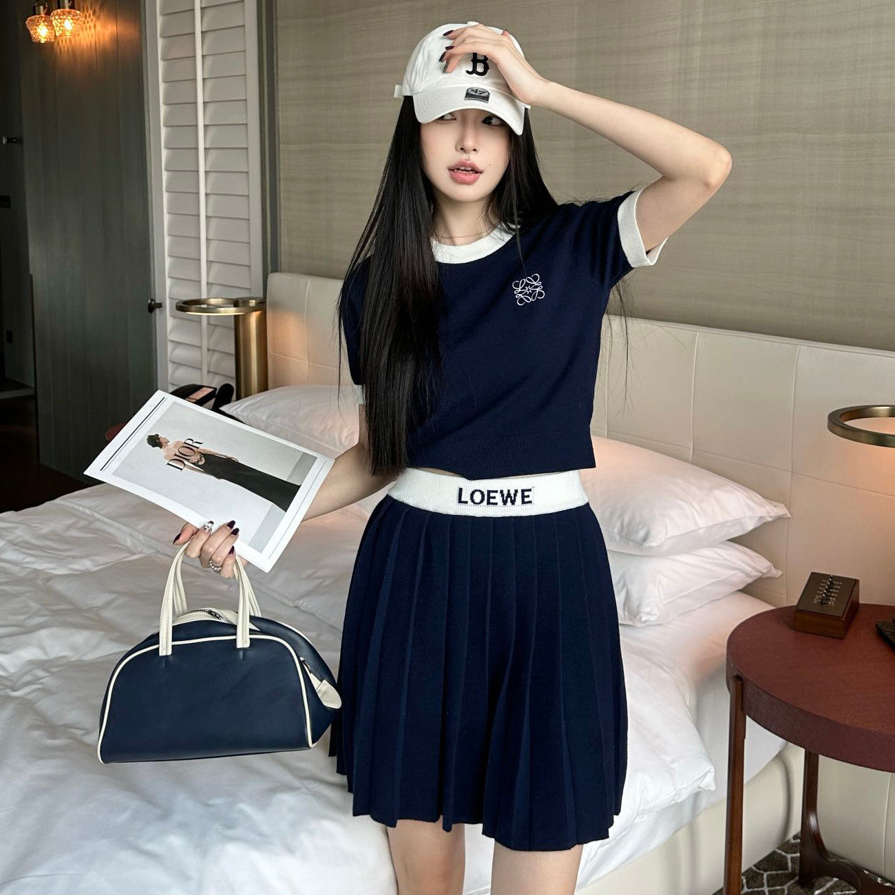 Women's Summer Clashing Color Round Neck Wool Knit Short Sleeve T-Shirt Top Half Body Skirt Set Suit #75919
