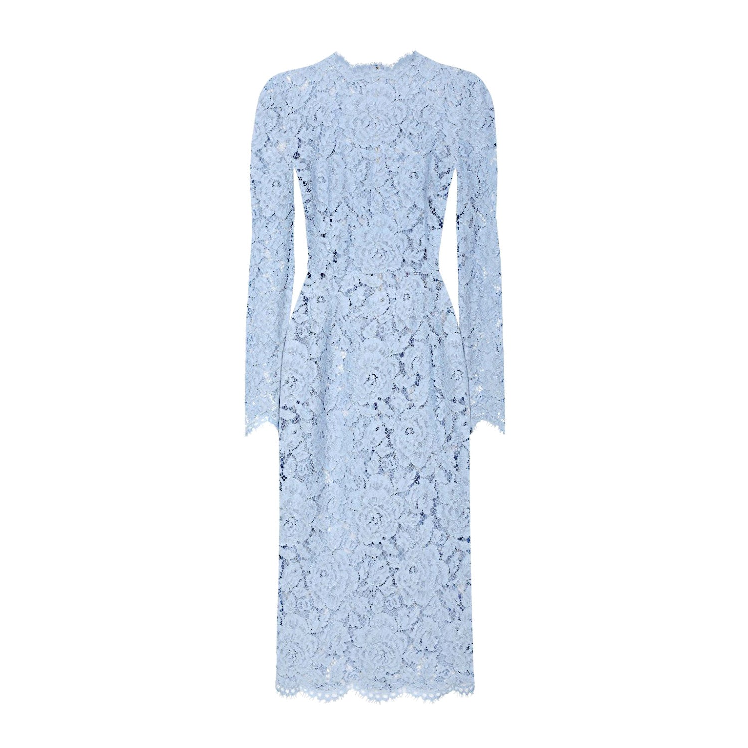 Women's Summer Blue Floral Lace Semi-sheer Round Neck Long Sleeve Dress Silk Camisole Lining #75161
