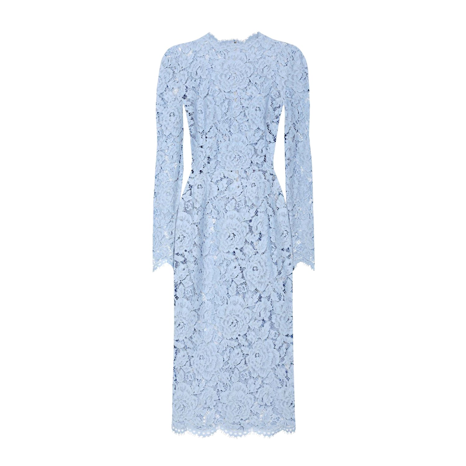 Women's Summer Blue Floral Lace Semi-sheer Round Neck Long Sleeve Dress Silk Camisole Lining #75161