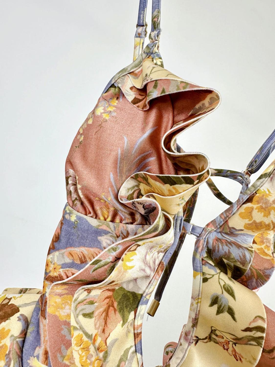 Women's Patchwork Chartreuse Ruffle Halter One-piece Swimsuit #75153