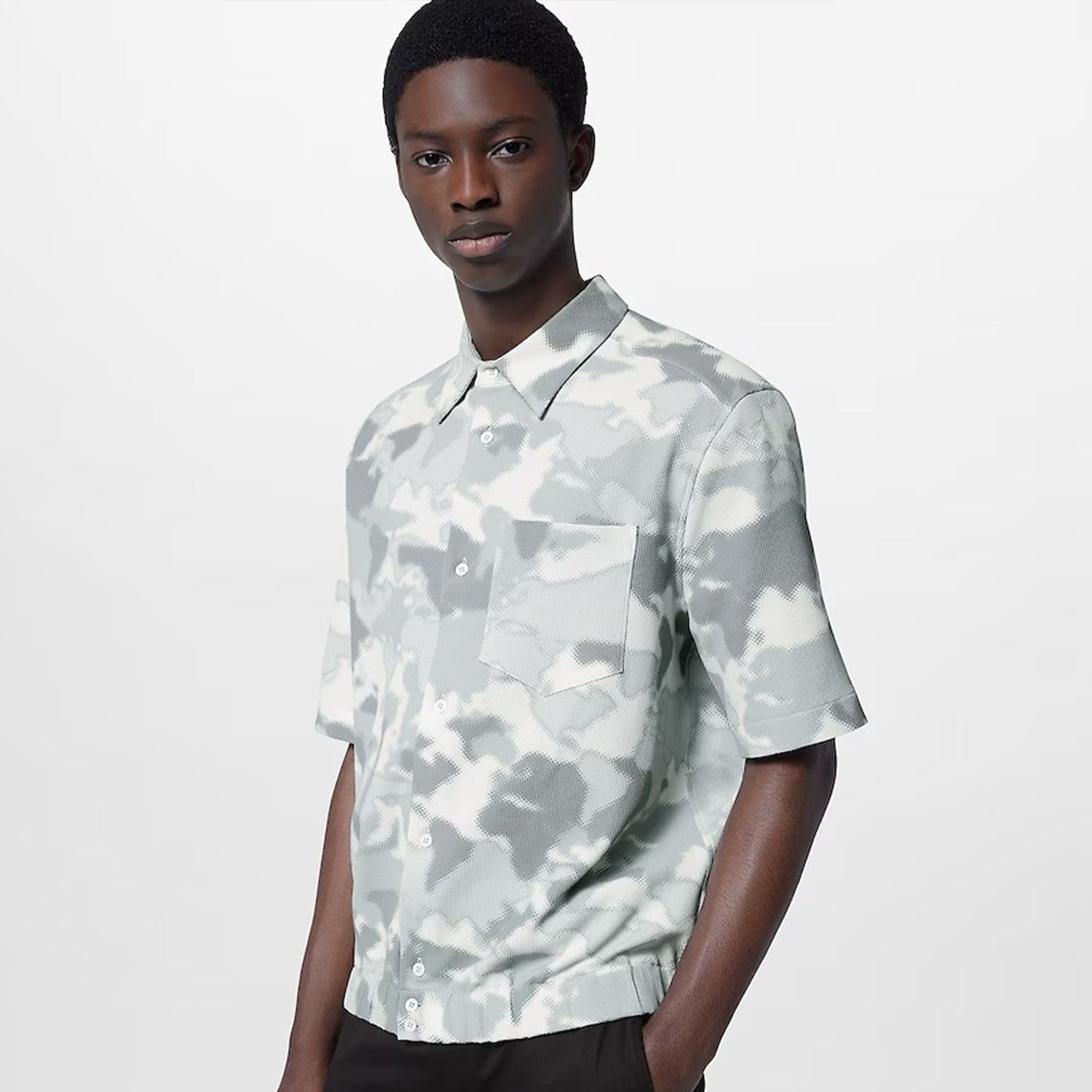 Men's Gray Summer Cotton Blend Single Breasted Camouflage Short Sleeve Fitted Shirt Ngvp #8211