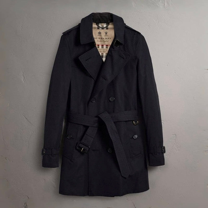 Men's Spring and Autumn Solid Color Double Breasted Mid-Length Waist Trench Coat Jacket #72856