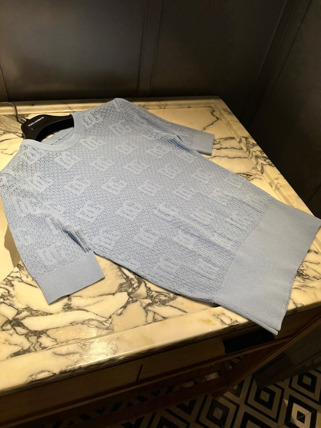 Women's Summer Blue Letter Jacquard Knit Round Neck Short Sleeve T-Shirt #73563