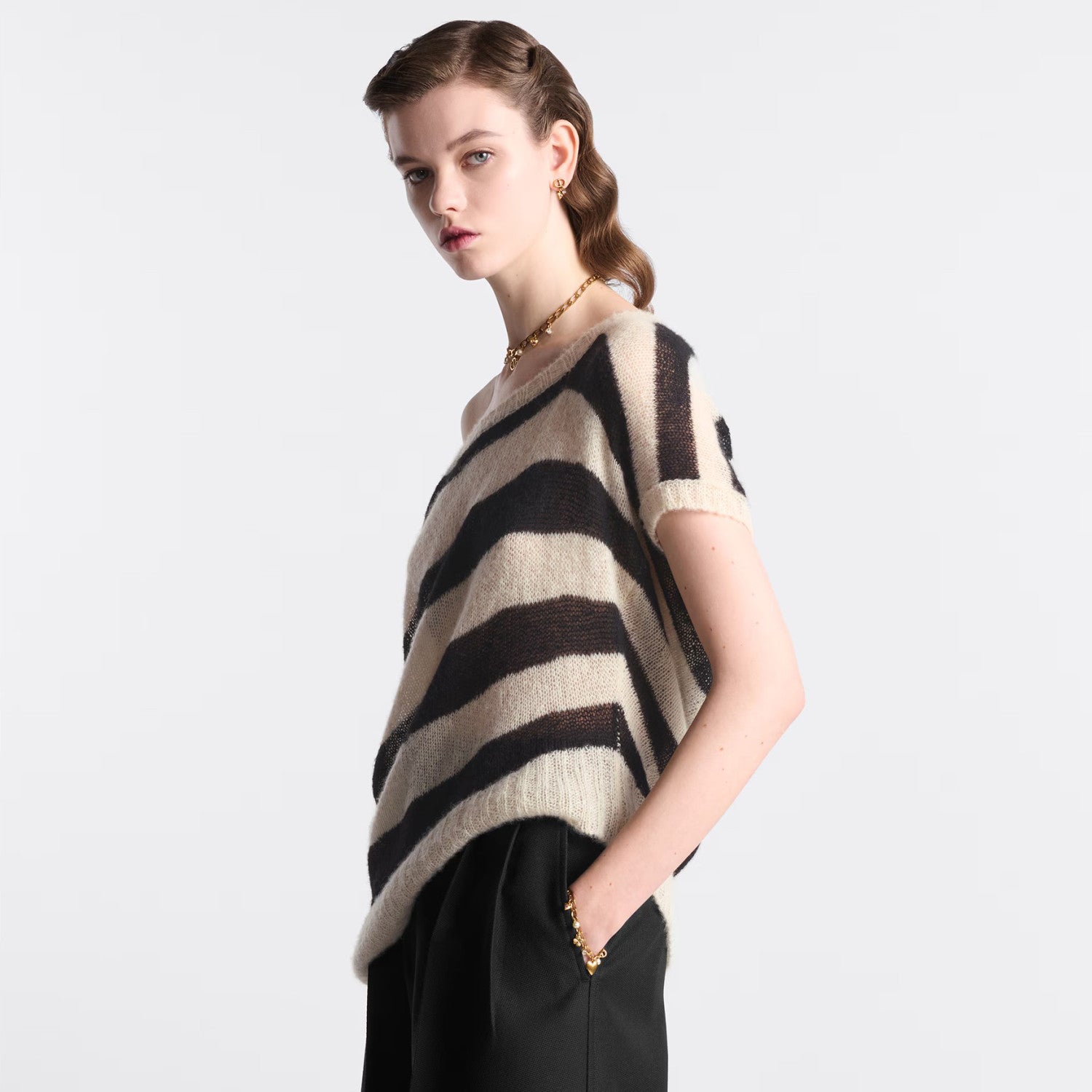 Women's Summer Striped Asymmetric Cashmere Loose Short Sleeve Sweater T-Shirt #72549
