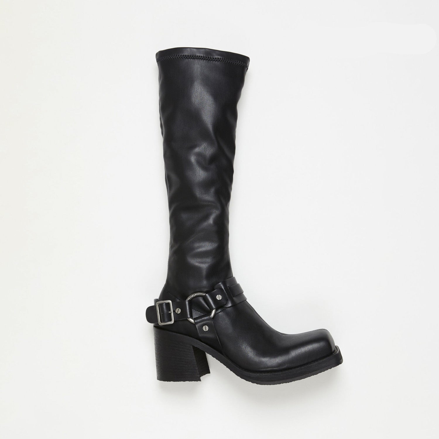 Acne Studios Women's Square Head Round Buckle Biker Boots Shoes Cowhide High Heel Elastic New Thick Heel Thick Bottom Knight Boots Long Tube Skinny Boots Ngvp #9856