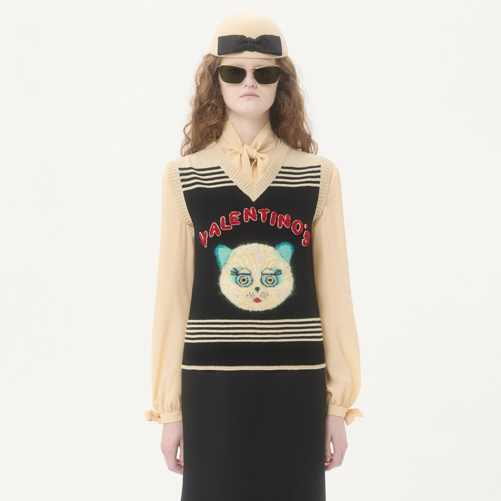 LE CHAT DE LA MAISON Women's Spring/Autumn Fashion Casual V-neck Knitted Letter Pattern Embroidered Sleeveless Vest  #78441