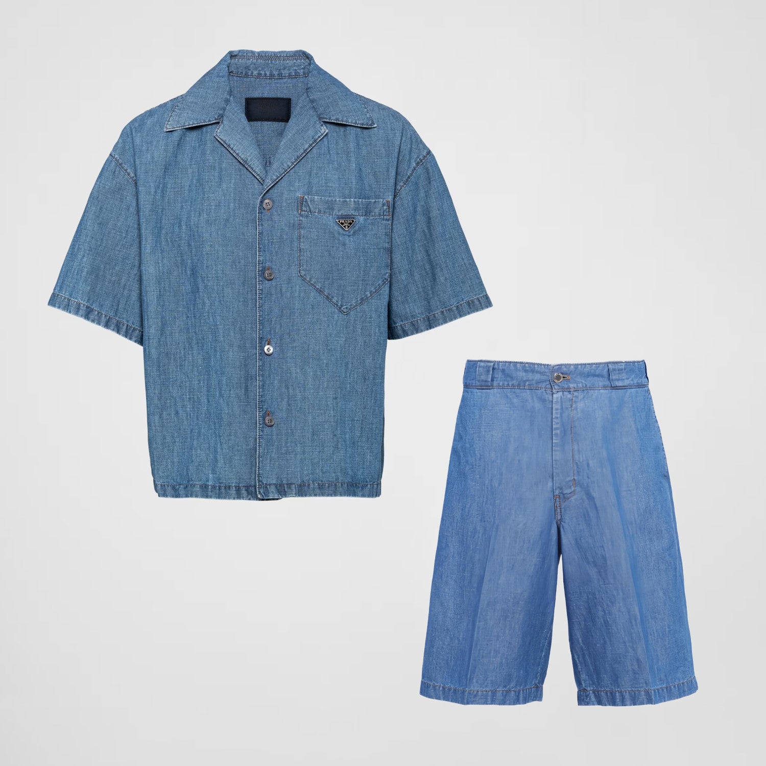 Men's Summer Blue Lapel Single Breasted Short Sleeve Denim Shirt Jacket Shorts Set Suit #98554
