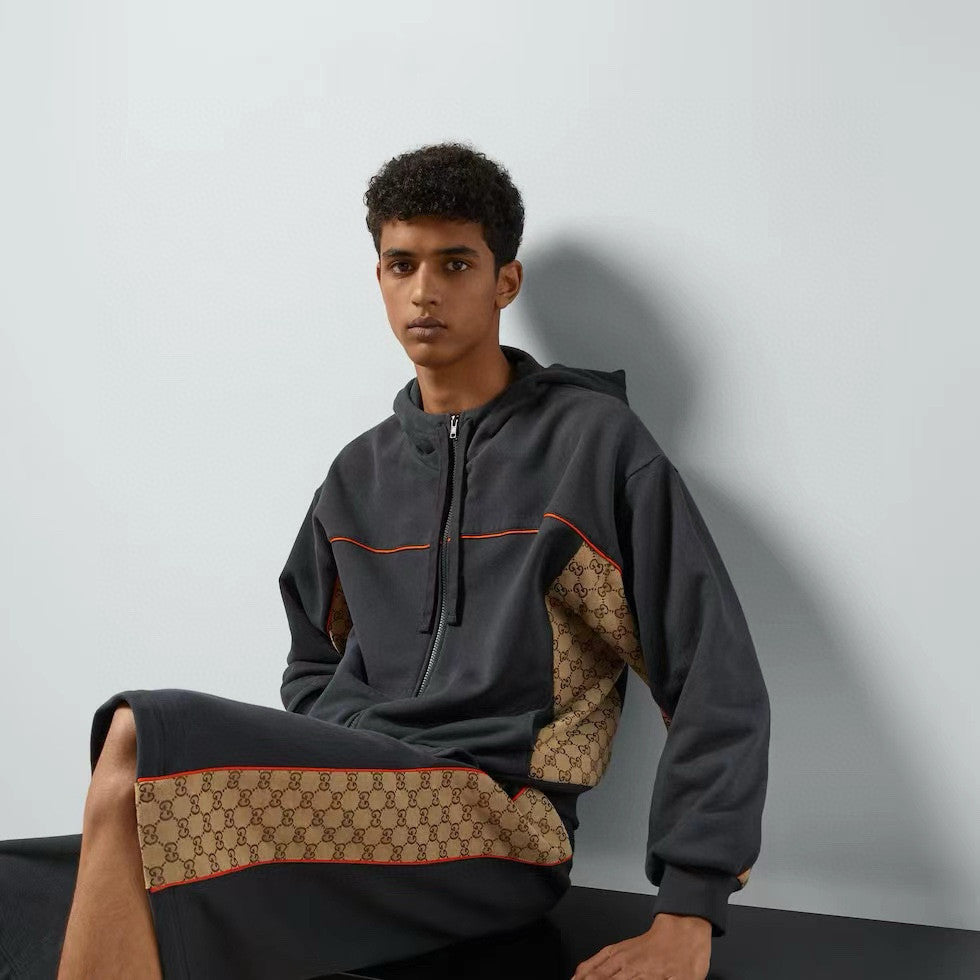 Men's Spring and Autumn Patchwork Logo Jacquard Zipper Hooded Long Sleeve Jacket Lace-Up Casual Shorts Pants Suit Set #98839