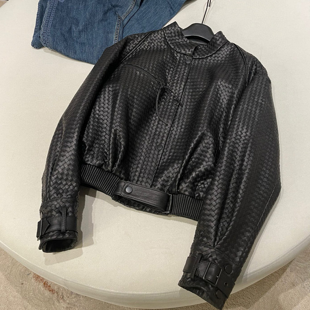 Women's Spring And Autumn Luxury Solid Color Standing Collar Leather Button Braided Sheepskin Biker Leather Coat Jacket Ngvp #8241