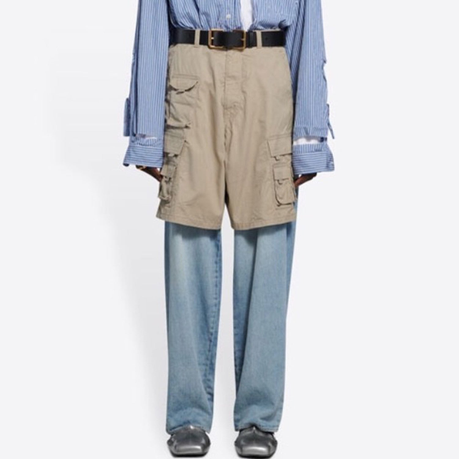 Men's Blue Spring & Fall Multi-Pocket Workwear Patchwork Fake Two Piece Straight Leg Denim Pants Ngvp #7786