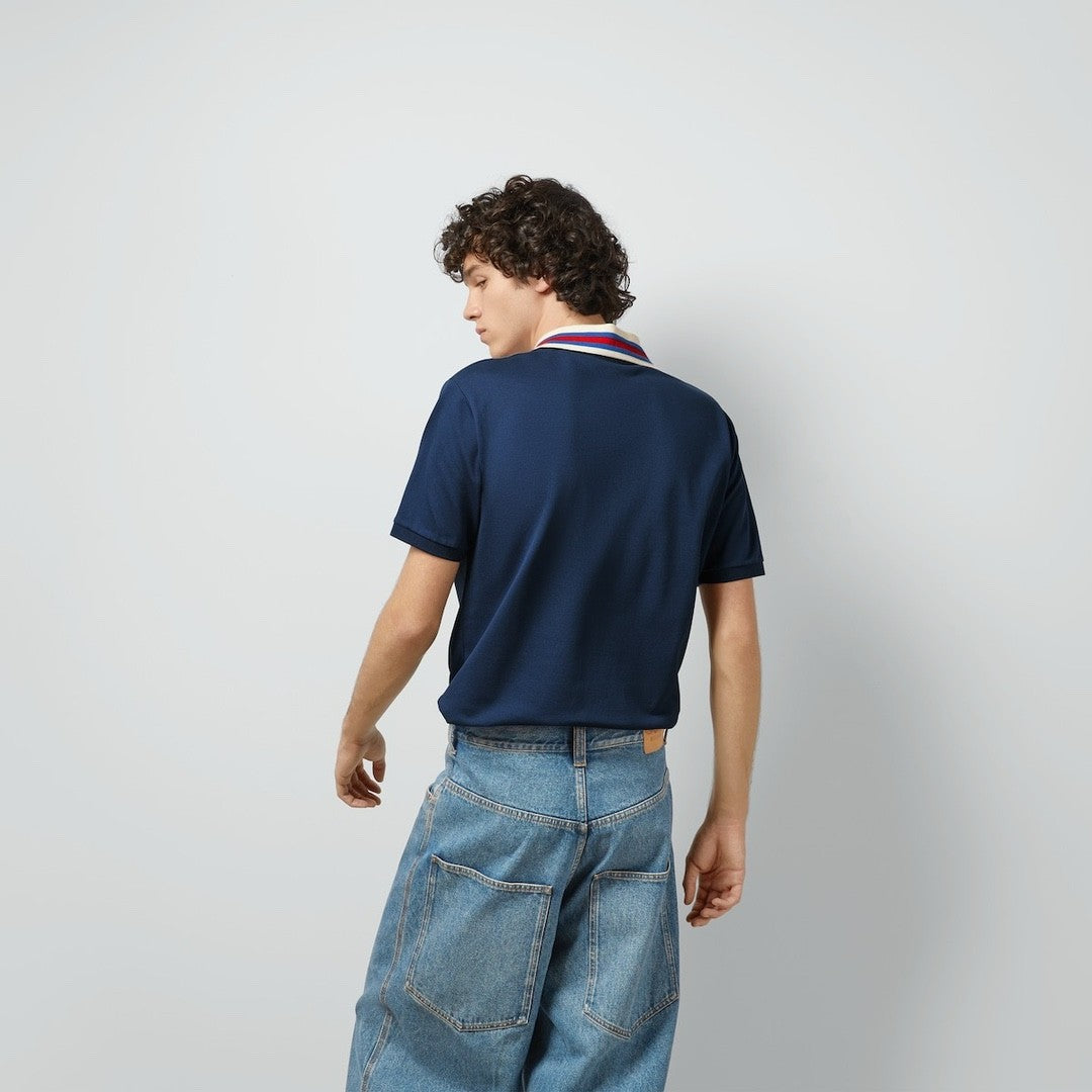 GG Men's Summer Blue Striped Trim Cotton Polo Neck Short Sleeve T-Shirt #98686