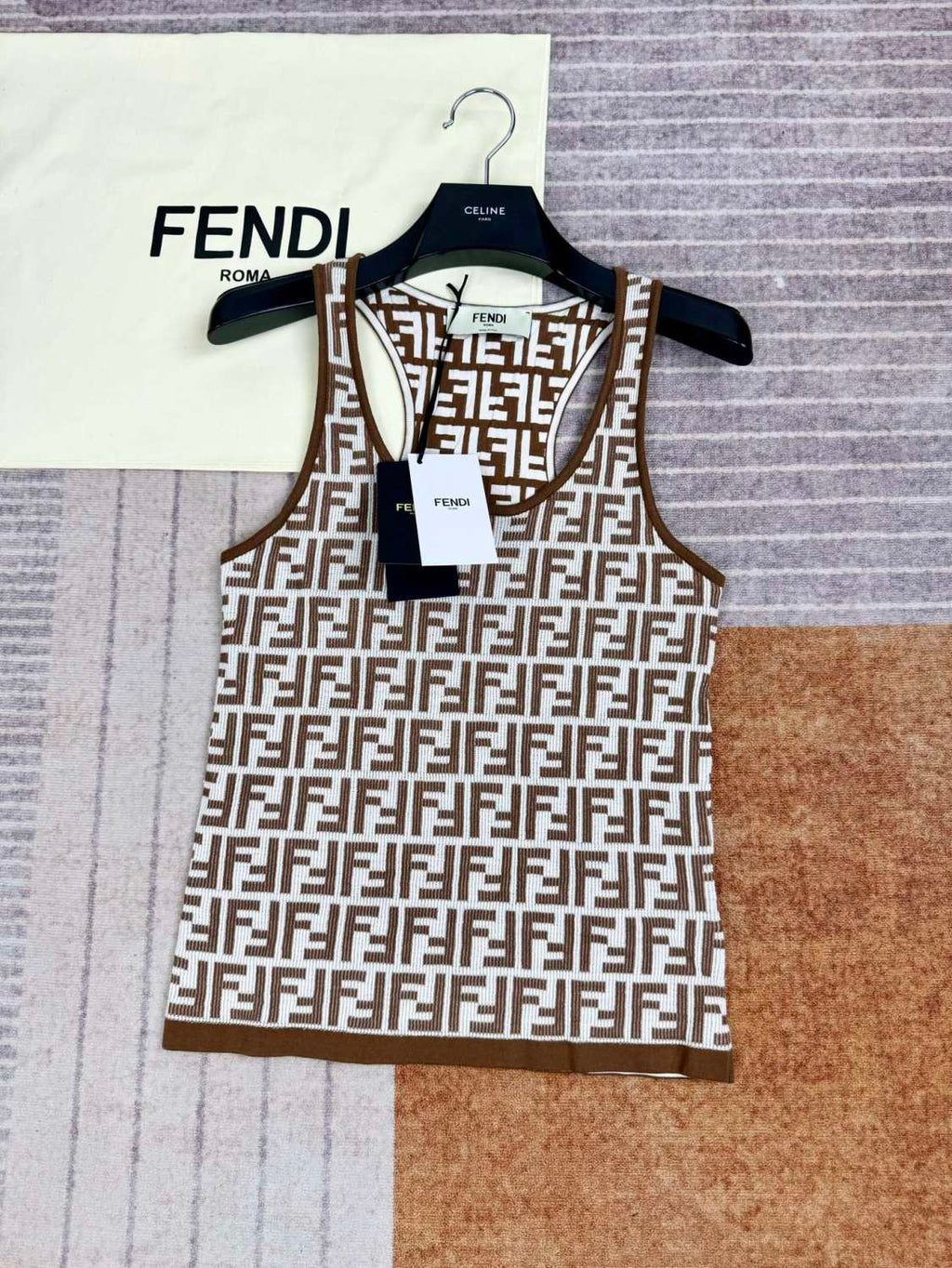 Women's Summer Brown FF Print Cotton Knit Top Fitted Sleeveless Vest #72933
