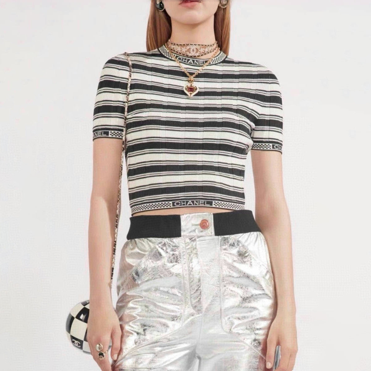 Women's Summer Black and White Striped Crew Neck Knit Short Sleeve Sweater Top #75878