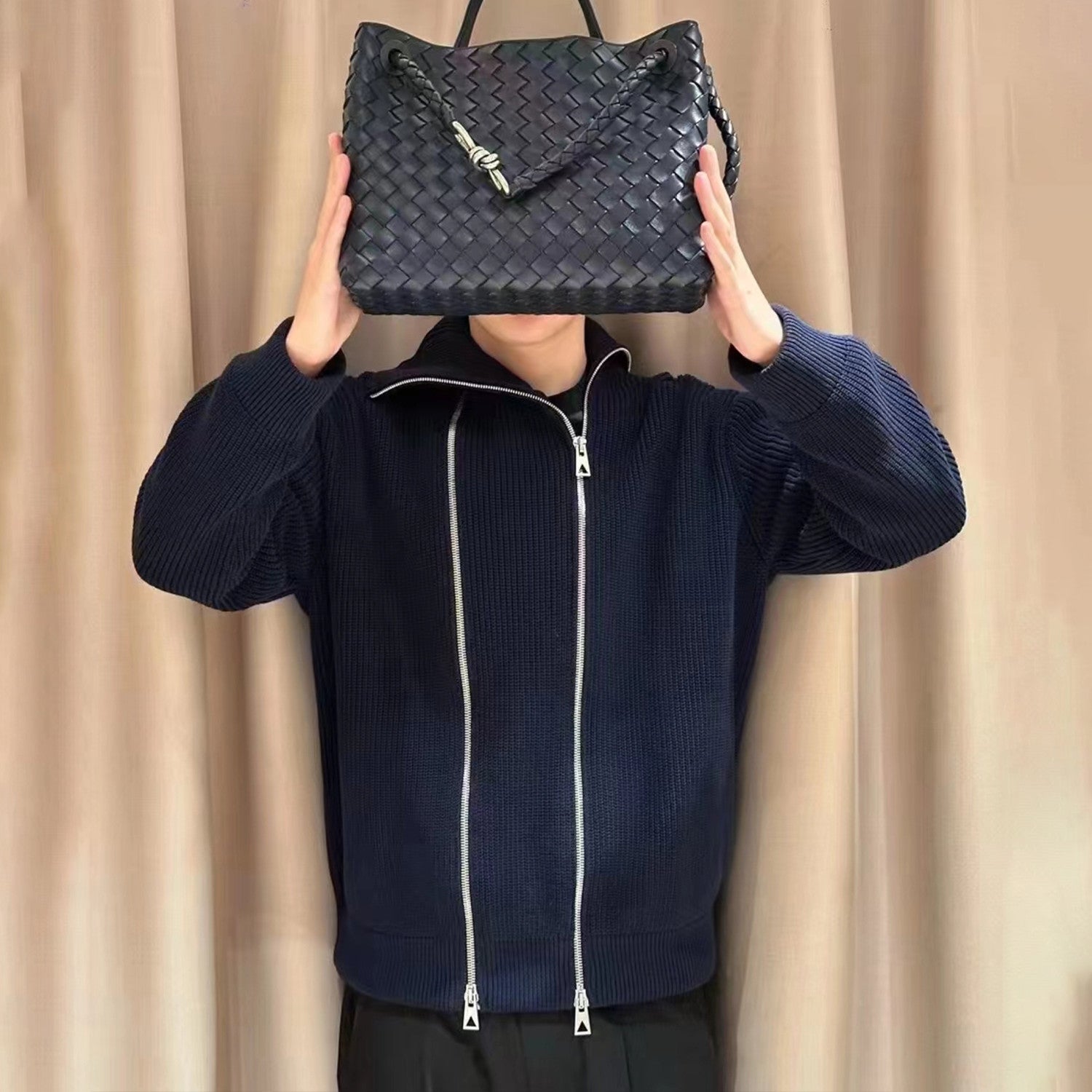 BV Men's Spring And Autumn Black Double Zip Cardigan Jumper Fashion Trend Casual Knitted Jacket Ngvp #1626