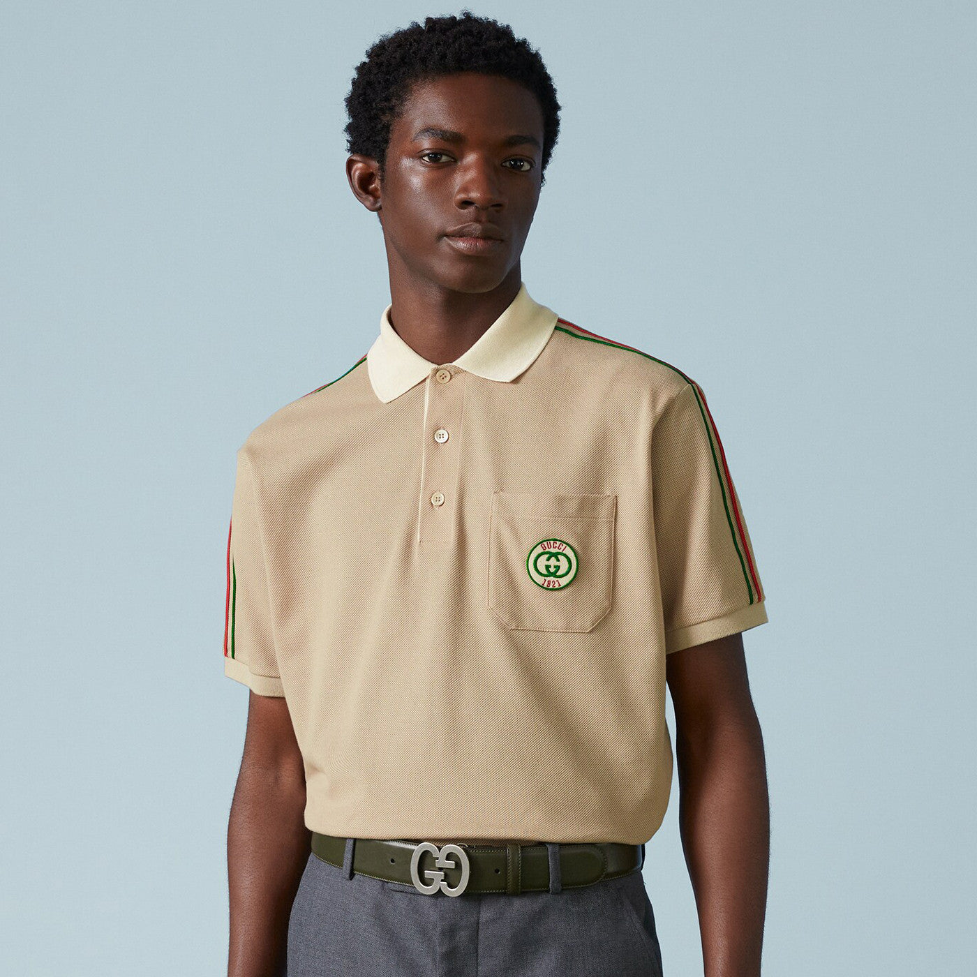 GG Men's Summer Khaki Striped Trim Cotton Polo Neck Short Sleeve T-Shirt #98683