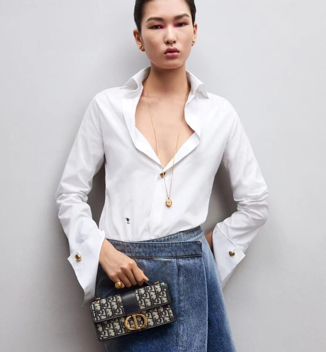 Women's Spring and Autumn Solid Color Logo Embroidery V-Neck Long Sleeve Shirt #73795