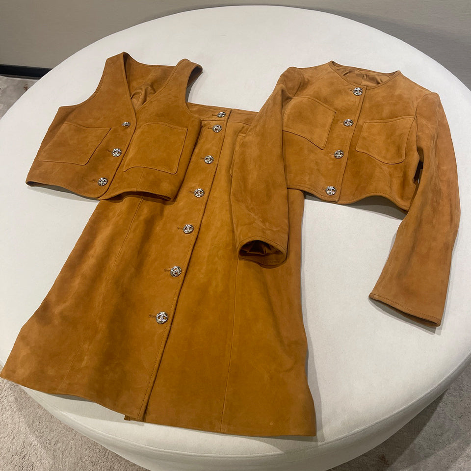 Women's Spring. Autumn And Winter Single-breasted Floral Long Sleeve Short Leather Jacket Casual V-neck Leather Vest Pure Color High Street Style Leather Long Half Skirt Suit Set #71636