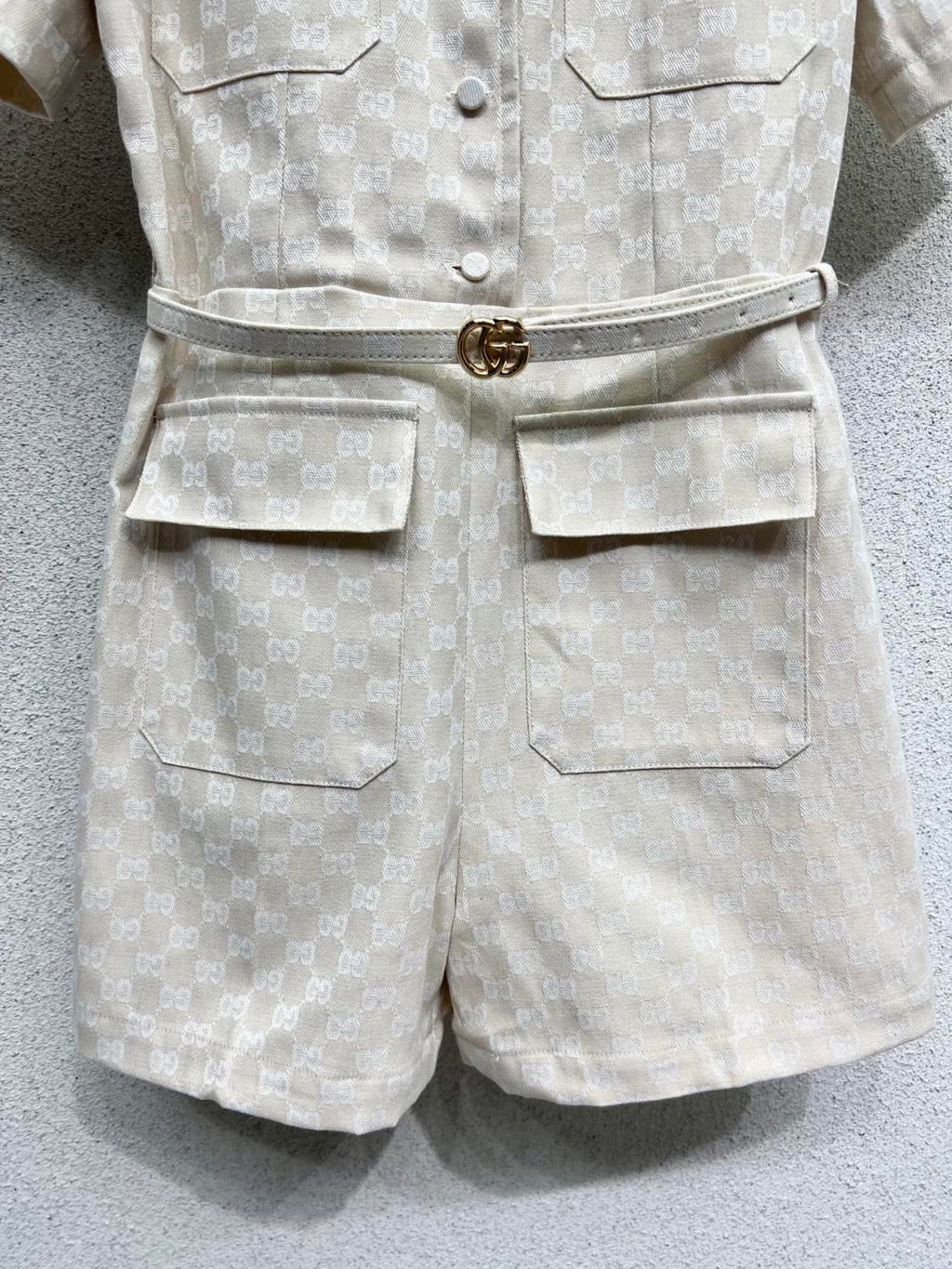 Women's Spring And Summer Letter Print Solid Colour Drawstring Waist Short Sleeved Single Breasted Jumpsuit #76663